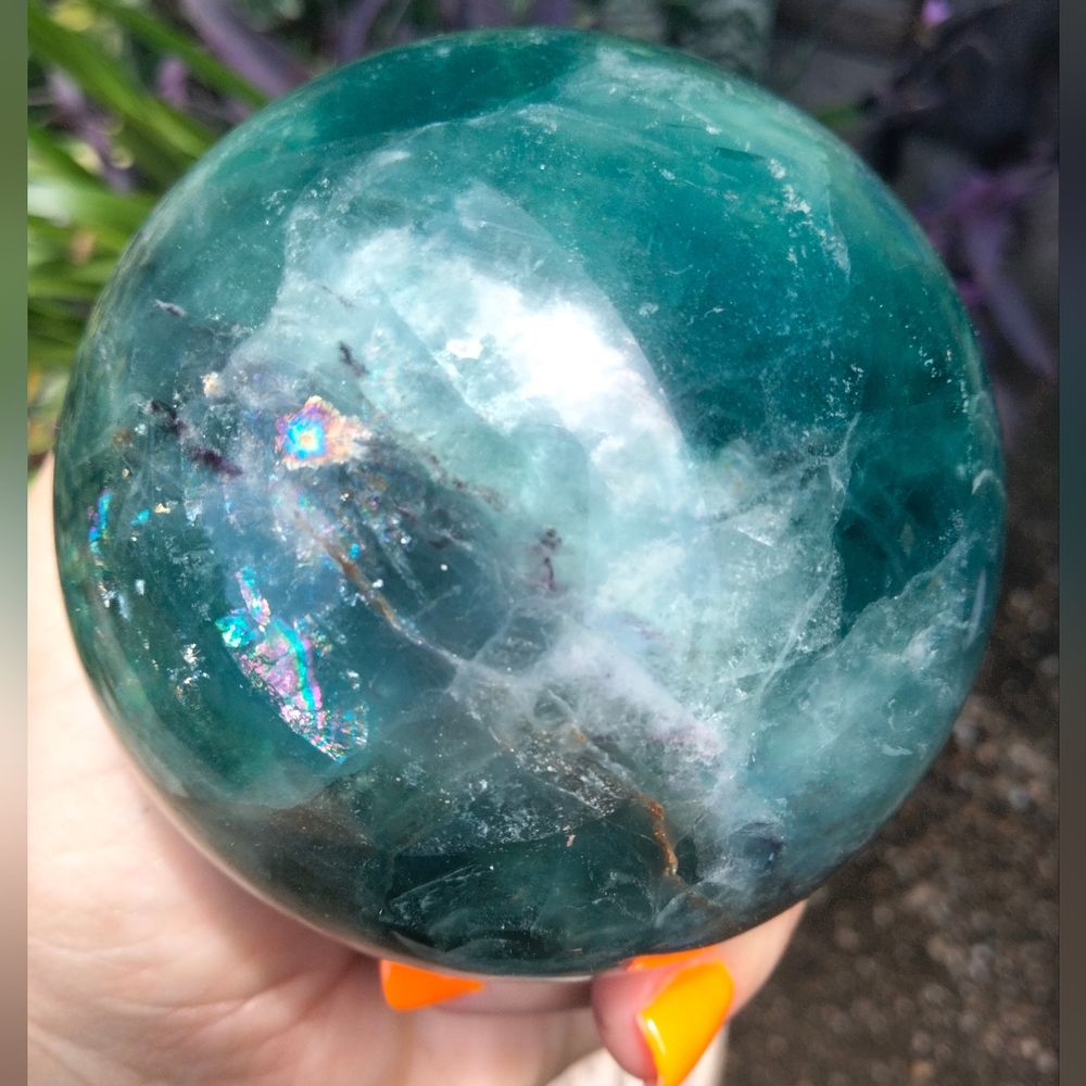 Bohemian Fluorite Crystal Sphere high quality flair with '70s Rainbow